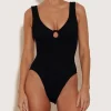 Hunza G V Neck-Celine Swim With Tonal Hoops - Black