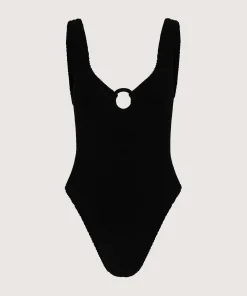 Hunza G V Neck-Celine Swim With Tonal Hoops - Black