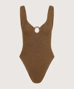 Hunza G V Neck-Celine Swim With Tonal Hoops - Metallic Cocoa