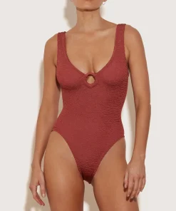 Hunza G V Neck-Celine Swim With Tonal Hoops - Metallic Rosewood