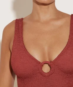 Hunza G V Neck-Celine Swim With Tonal Hoops - Metallic Rosewood