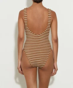 Hunza G V Neck-Celine Swim With Tonal Hoops - Metallic Cocoa/White Stripe