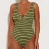 Hunza G V Neck-Celine Swim With Tonal Hoops - Metallic Moss/White Stripe