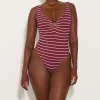 Hunza G V Neck-Celine Swim With Tonal Hoops - Wine/White Stripe