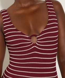 Hunza G V Neck-Celine Swim With Tonal Hoops - Wine/White Stripe