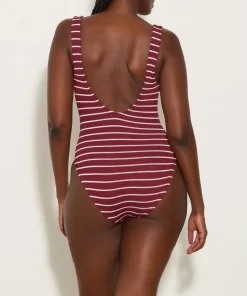 Hunza G V Neck-Celine Swim With Tonal Hoops - Wine/White Stripe