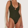 Hunza G V Neck-Celine Swim With Tonal Hoops - Metallic Khaki
