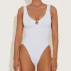 Hunza G V Neck-Celine Swim With Tonal Hoops - White