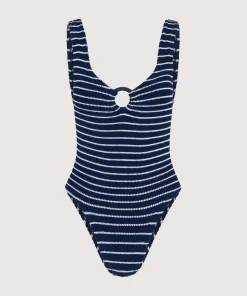 Hunza G V Neck-Coverage Celine Swim With Tonal Hoops - Navy/White Stripe