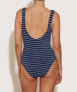 Hunza G V Neck-Coverage Celine Swim With Tonal Hoops - Navy/White Stripe