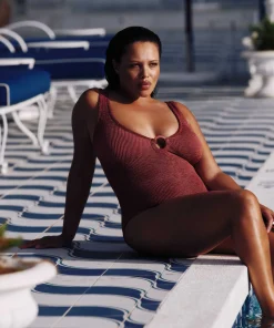 Hunza G V Neck-Coverage Celine Swim With Tonal Hoops - Metallic Rosewood