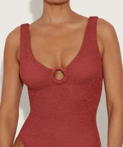 Hunza G V Neck-Coverage Celine Swim With Tonal Hoops - Metallic Rosewood