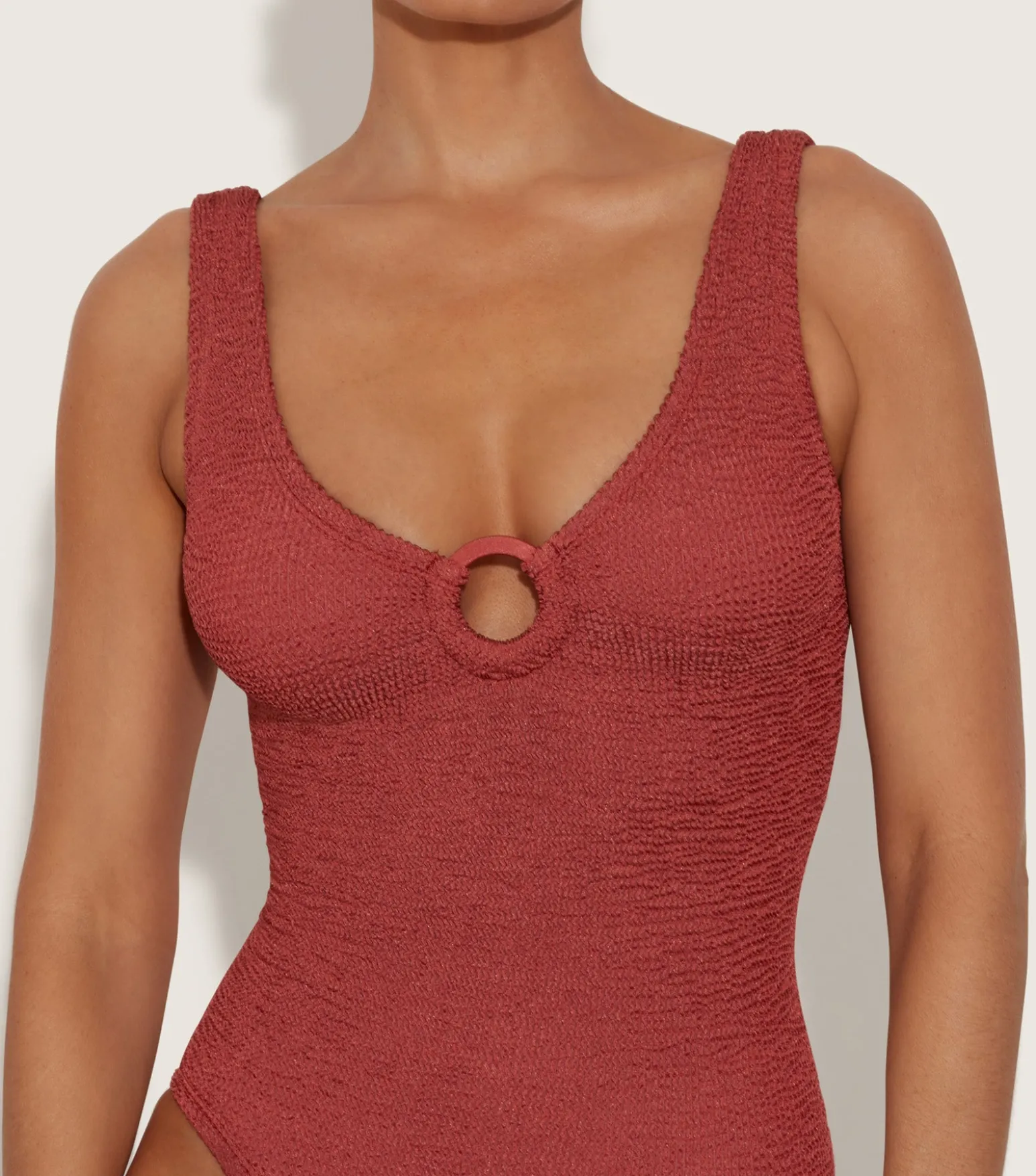 Hunza G V Neck-Coverage Celine Swim With Tonal Hoops - Metallic Rosewood