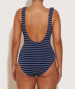 Hunza G Square Neck-Coverage Square Neck Swim - Navy/White Stripe