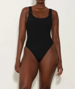 Hunza G Scoop Neck-Domino Swim With Tonal Hoops - Black