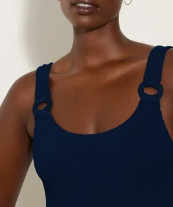Hunza G Scoop Neck-Domino Swim With Tonal Hoops - Navy