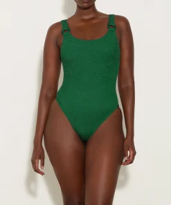 Hunza G Scoop Neck-Domino Swim With Tonal Hoops - Metallic Forest Green