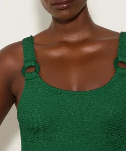 Hunza G Scoop Neck-Domino Swim With Tonal Hoops - Metallic Forest Green