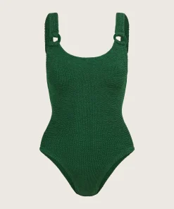 Hunza G Scoop Neck-Domino Swim With Tonal Hoops - Metallic Forest Green