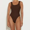 Hunza G Scoop Neck-Domino Swim With Tonal Hoops - Metallic Chocolate