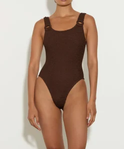 Hunza G Scoop Neck-Domino Swim With Tonal Hoops - Metallic Chocolate