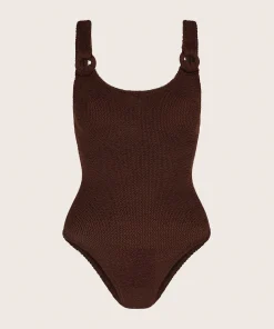 Hunza G Scoop Neck-Domino Swim With Tonal Hoops - Metallic Chocolate