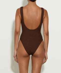 Hunza G Scoop Neck-Domino Swim With Tonal Hoops - Metallic Chocolate