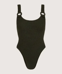 Hunza G Scoop Neck-Domino Swim With Tonal Hoops - Metallic Khaki