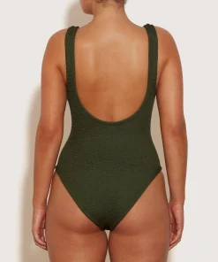 Hunza G Scoop Neck-Domino Swim With Tonal Hoops - Metallic Khaki