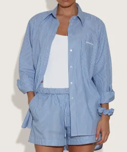 Hunza G Shirts And Tops-Embroidered Oversized Shirt - Blue Stripe