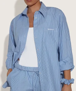 Hunza G Shirts And Tops-Embroidered Oversized Shirt - Blue Stripe