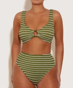 Hunza G Bikini Sets|Bralette-Nadine Bikini With Tonal Hoops - Metallic Moss/White Stripe