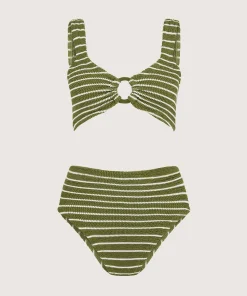 Hunza G Bikini Sets|Bralette-Nadine Bikini With Tonal Hoops - Metallic Moss/White Stripe