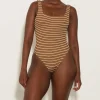 Hunza G Square Neck-Square Neck Swim - Metallic Cocoa/White Stripe