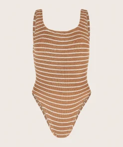 Hunza G Square Neck-Square Neck Swim - Metallic Cocoa/White Stripe