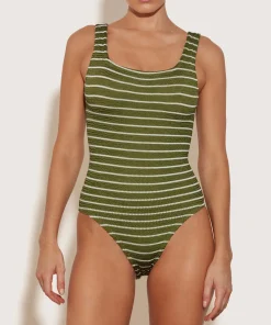 Hunza G Square Neck-Square Neck Swim - Metallic Moss/White Stripe
