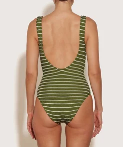 Hunza G Square Neck-Square Neck Swim - Metallic Moss/White Stripe